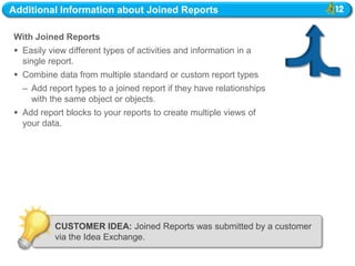 Additional Information about Joined Reports

With Joined Reports
 Easily view different types of activities and information in a
  single report.
 Combine data from multiple standard or custom report types
  – Add report types to a joined report if they have relationships
    with the same object or objects.
 Add report blocks to your reports to create multiple views of
  your data.




           CUSTOMER IDEA: Joined Reports was submitted by a customer
           via the Idea Exchange.
 