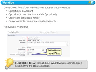 Workflow
Cross Object Workflow- Field updates across standard objects
   Opportunity to Account
   Opportunity Line Item can update Opportunity
   Order Item can update Order
   Custom objects can update standard objects

Re-evaluate Workflows




                                        Field updates can
                                            re-trigger
                                         Workflow Rules




           CUSTOMER IDEA: Cross Object Workflow was submitted by a
           customer via the Idea Exchange.
 