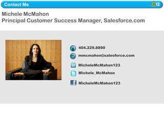 Contact Me

Michele McMahon
  Michele McMahon,
Principal Customer Success Manager, Salesforce.com
  Principal Customer Success Manager




                          404.229.8890

                          mmcmahon@salesforce.com

                          MicheleMcMahon123

                          Michele_McMahon

                          MicheleMcMahon123
 
