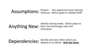 Assumptions: Product: Run experiment (Lean Startup).
Technical: Define spikes to validate ASAP.
Anything New:
Identify training needs. Define spikes to
learn new technology, tools and
techniques.
Dependencies: Identify and track others whom you
depend on to deliver. And vise versa.
 