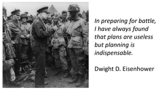 In preparing for battle,
I have always found
that plans are useless
but planning is
indispensable.
Dwight D. Eisenhower
 