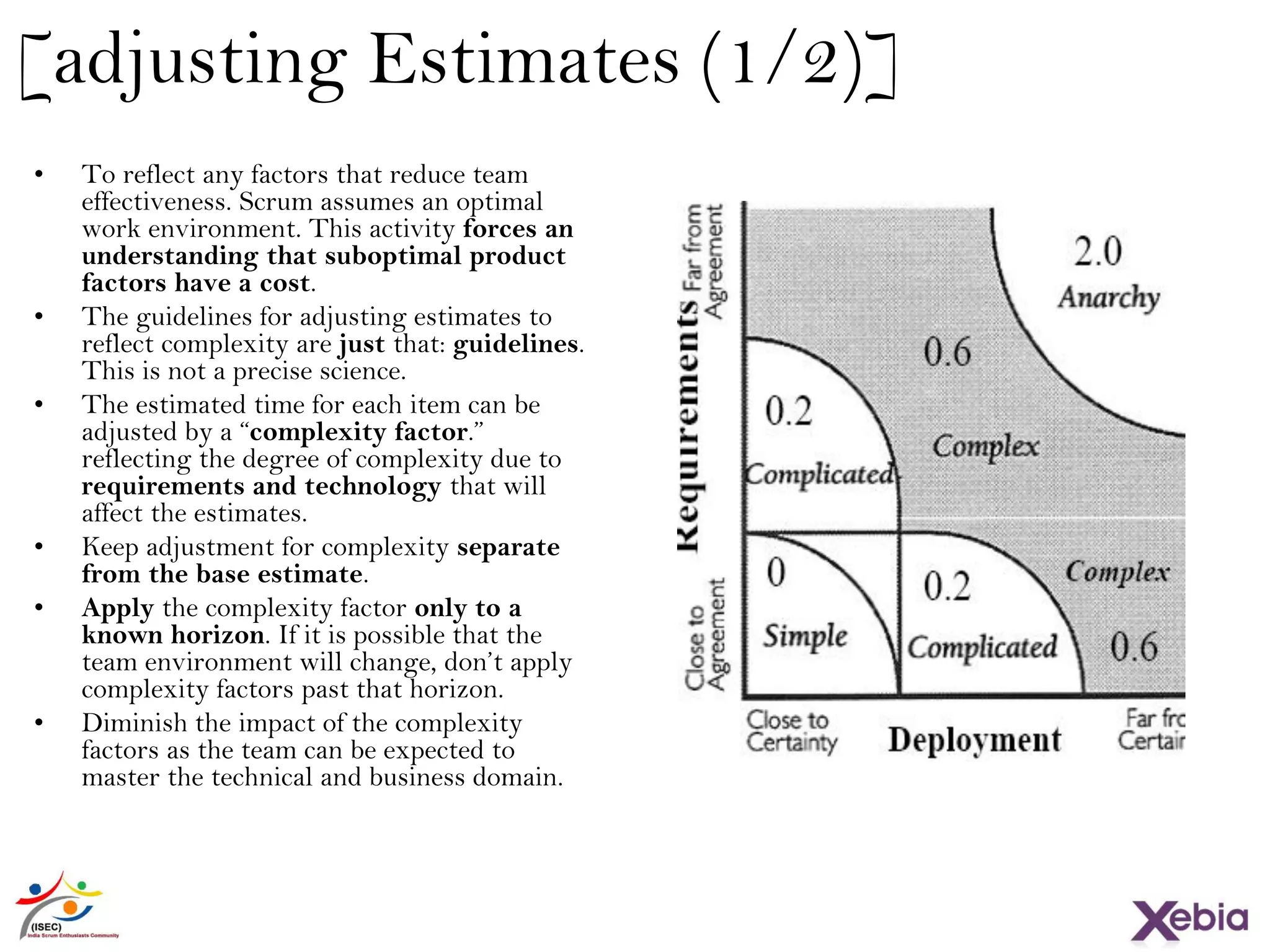 [adjusting Estimates (1/2)]
• To reflect any factors that reduce team
effectiveness. Scrum assumes an optimal
work environment. This activity forces an
understanding that suboptimal product
factors have a cost.
• The guidelines for adjusting estimates to
reflect complexity are just that: guidelines.
This is not a precise science.
• The estimated time for each item can be
adjusted by a “complexity factor.” reflecting
the degree of complexity due to
requirements and technology that will affect
the estimates.
• Keep adjustment for complexity separate
from the base estimate.
• Apply the complexity factor only to a known
horizon. If it is possible that the team
environment will change, don’t apply
complexity factors past that horizon.
• Diminish the impact of the complexity
factors as the team can be expected to
master the technical and business domain.
 