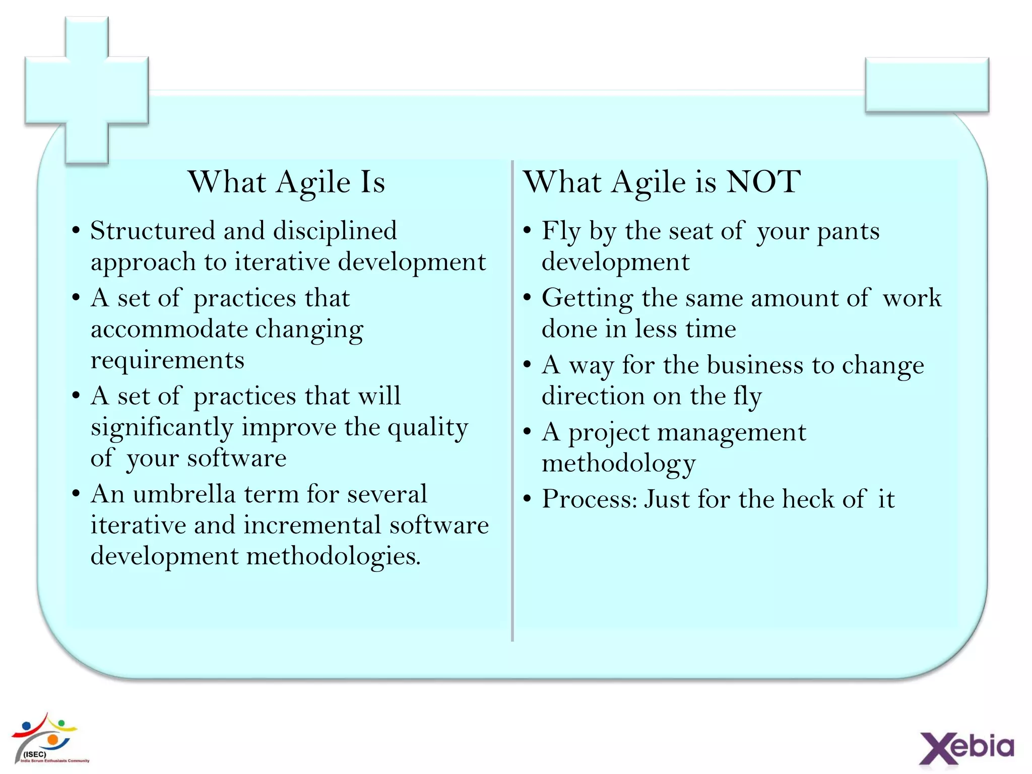 What Agile Is
• Structured and disciplined
approach to iterative development
• A set of practices that
accommodate changing
requirements
• A set of practices that will
significantly improve the quality of
your software
• An umbrella term for several
iterative and incremental software
development methodologies.
What Agile is NOT
• Fly by the seat of your pants
development
• Getting the same amount of work
done in less time
• A way for the business to change
direction on the fly
• A project management
methodology
• Process: Just for the heck of it
 