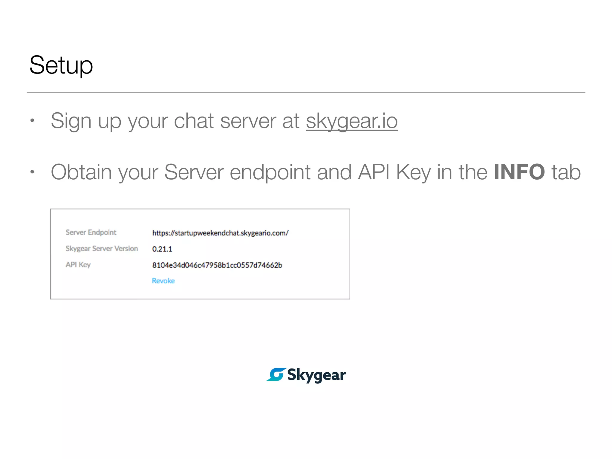Setup
• Sign up your chat server at skygear.io
• Obtain your Server endpoint and API Key in the INFO tab
 