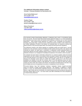 For additional information please contact:
Embraer - Empresa Brasileira de Aeronáutica S/A

Anna Cecilia Bettencourt
(55 12) 3927 1216
acecilia@embraer.com.br

Gustavo Poppe
(55 12) 3927 1106
gustavo.poppe@embraer.com.br

Milene Petrelluzzi
(12) 3927 3054
milene.petrelluzzi@embraer.com.br




This document includes forward-looking statements or statements about events or circumstances which
have not occurred. We have based these forward -looking statements largely on our current expectations
and projections about future events and financial trends affecting our business and our future financial
performance. These forward -looking statements are subject to risks, uncertainties and assumptions,
including, among other things: general economic, political and business conditions, both in Brazil and in
our market; expectations of trends in the industry; our investment plans; our capacity to develop and
deliver products on the previously agreed dates; and existing and future government regulations.

The statements included in this release regarding our competitive position and market share in, and the
market size of, the commercial, re gional and defense aircraft markets and the growth in the regional and
corporate jet markets, are based upon a combination of independent industry publications,reports of
government agencies and other published industry sources, as well as our own estimates. Our internal
estimates are based on our management's knowledge and experience in the markets in which we operate.

Our estimates have been based on information obtained from our customers,suppliers, trade and business
organizations and other contacts in the markets in which we operate. However, this information may prove
to be inaccurate because of the method by which we obtained some of the data for our estimates or
because this information cannot always be verified with complete certainty due to the limits on the
availability and reliability of raw data, the voluntary nature of the data gathering process and other
limitations and uncertainties inherent in data gathering. As a result, you should be aware that market,
ranking and other similar data included in this release, and estimates and beliefs based on that data, may
not be reliable and we can not guarantee the accuracy or completeness of such information.

The words “believes,” “may,” “will,” “estimates,” “continues,” “anticipates,” “intends,” “expects” and similar
words are intended to identify forward-looking statements. We undertake no obligations to update
publicly or revise any forward -looking statements because of new information, future events or other
factors. In light of these risks and uncertainties, the forward-looking events and circumstances discussed in
this press release might not occur. Our actual results could differ substantially from those anticipated in
our forward-looking statements.




                                                                                                          16
 