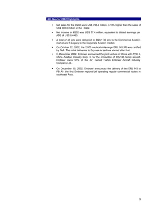 4th Quarter 2002 Highlights

   •   Net sales for the 4Q02 were US$ 798.2 million, 37.5% higher than the sales of
       US$ 580.6 million in the 3Q02.
   •   Net income in 4Q02 was US$ 77.4 million, equivalent to diluted earnings per
       ADS of US$ 0.4463.
   •   A total of 41 jets were delivered in 4Q02: 36 jets to the Commercial Aviation
       market and 5 Legacy to the Corporate Aviation market.
   •   On October 22, 2002, the 2,000 nautical-mile-range ERJ 145 XR was certified
       by FAA. The initial deliveries to ExpressJet Airlines started after that.
   •   In December 2002, Embraer announced the joint-venture in China with AVIC II,
       China Aviation Industry Corp. II, for the production of ERJ145 family aircraft.
       Embraer owns 51% of the JV, named Harbin Embraer Aircraft Industry
       Company Ltd..

   •   On December 19, 2002, Embraer announced the delivery of two ERJ 145 to
       PB Air, the first Embraer regional jet operating regular commercial routes in
       southeast Ásia.




                                                                                    3
 