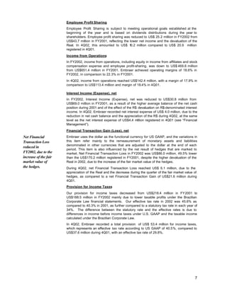 Employee Profit Sharing
                       Employee Profit Sharing is subject to meeting operational goals established at the
                       beginning of the year and is based on dividends distributions during the year to
                       shareholders. Employee profit sharing was reduced to US$ 25.2 million in FY2002 from
                       US$43.7 million in FY2001, reflecting the lower net income and the devaluation of the
                       Real. In 4Q02, this amounted to US$ 1      0.2 million compared to US$ 20.9 million
                       registered in 4Q01.
                       Income from Operations
                       In FY2002, income from operations, including equity in income from affiliates and stock
                       compensation expense and employee profit-sharing, was down to US$ 469.6 million
                       from US$651.4 million in FY2001. Embraer achieved operating margins of 18.6% in
                       FY2002, in comparison to 22.3% in FY2001.
                       In 4Q02, income from operations reached US$142.4 million, with a margin of 17.9% in
                       comparison to US$113.4 million and margin of 18.4% in 4Q01.

                       Interest Income (Expense), net
                       In FY2002, Interest Income (Expense), net was reduced to US$30.8 million from
                       US$69.0 million in FY2001, as a result of the higher average balance of the net cash
                       position during 2001 and of the effect of the R$ devaluation on R$-denominated interest
                       income. In 4Q02, Embraer recorded net interest expense of US$ 4.0 million, due to the
                       reduction in net cash balance and the appreciation of the R$ during 4Q02, at the same
                       level as the net interest expense of US$4.4 million registered in 4Q01 (see “Financial
                       Management”).
                       Financial Transaction Gain (Loss), net
Net Financial          Embraer uses the dollar as the functional currency for US GAAP, and the variations in
Transaction Loss       this item refer mainly to the remeasurement of monetary assets and liabilities
                       denominated in other currencies that are adjusted to the dollar at the end of each
reduced in
                       period. This item is also influenced by the net result of hedges that are marked to
FY2002, due to the     market. Net Financial Transaction Loss in FY2002 was US$86.0 million, 49.5% lower
increase of the fair   than the US$170.2 million registered in FY2001, despite the higher devaluation of the
market value of        Real in 2002, due to the increase of the fair market value of the hedges.
the hedges.            During 4Q02, net Financial Transaction Loss reached US$ 6.1 million, due to the
                       appreciation of the Real and the decrease during the quarter of the fair market value of
                       hedges, as compared to a net Financial Transaction Gain of US$21.6 million during
                       4Q01.
                       Provision for Income Taxes
                       Our provision for income taxes decreased from US$218.4 million in FY2001 to
                       US$188.5 million in FY2002 mainly due to lower taxable profits under the Brazilian
                       Corporate Law financial statements. Our effective tax rate in 2002 was 45.6% as
                       compared to 40.3% in 2001, as further compared to a statutory tax rate in each year of
                       34%. The difference between the statutory rate and the effective rates is due to
                       differences in income before income taxes under U.S. GAAP and the taxable income
                       calculated under the Brazilian Corporate Law.
                       In 4Q02, Embraer recorded a total provision of US$ 53.4 million for income taxes,
                       which represents an effective tax rate according to US GAAP of 40.5%, compared to
                       US$37.6 million during 4Q01, with an effective tax rate of 29.8%.




                                                                                                             7
 