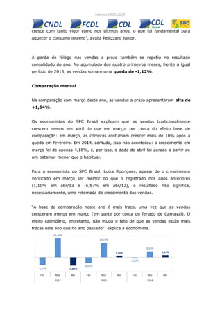 cresce com tanto vigor como nos últimos anos, o que foi fundamental para
aquecer o consumo interno", avalia Pellizzaro Junior.
A perda de fôlego nas vendas a prazo também se repetiu no resultado
consolidado do ano. No acumulado dos quatro primeiros meses, frente a igual
período de 2013, as vendas somam uma queda de -1,12%.
Comparação mensal
Na comparação com março deste ano, as vendas a prazo apresentaram alta de
+1,54%.
Os economistas do SPC Brasil explicam que as vendas tradicionalmente
crescem menos em abril do que em março, por conta do efeito base de
comparação: em março, as compras costumam crescer mais de 10% após a
queda em fevereiro. Em 2014, contudo, isso não aconteceu: o crescimento em
março foi de apenas 4,18%, e, por isso, o dado de abril foi gerado a partir de
um patamar menor que o habitual.
Para a economista do SPC Brasil, Luiza Rodrigues, apesar de o crescimento
verificado em março ser melhor do que o registrado nos anos anteriores
(1,10% em abr/13 e -5,87% em abr/12), o resultado não significa,
necessariamente, uma retomada do crescimento das vendas.
“A base de comparação neste ano é mais fraca, uma vez que as vendas
cresceram menos em março (em parte por conta do feriado de Carnaval). O
efeito calendário, entretanto, não muda o fato de que as vendas estão mais
fracas este ano que no ano passado”, explica a economista.
 