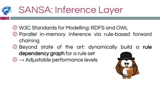 SANSA: Inference Layer
◎ W3C Standards for Modelling: RDFS and OWL
◎ Parallel in-memory inference via rule-based forward
chaining
◎ Beyond state of the art: dynamically build a rule
dependency graph for a rule set
◎ → Adjustable performance levels
10
 