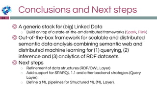 Conclusions and Next steps
◎ A generic stack for (big) Linked Data
o Build on top of a state-of-the-art distributed frameworks (Spark, Flink)
◎ Out-of-the-box framework for scalable and distributed
semantic data analysis combining semantic web and
distributed machine learning for (1) querying, (2)
inference and (3) analytics of RDF datasets.
◎ Next steps
o Refinement of data structures (RDF/OWL Layer)
o Add support for SPARQL 1.1 and other backend strategies (Query
Layer)
o Define a ML pipelines for Structured ML (ML Layer).
24
 