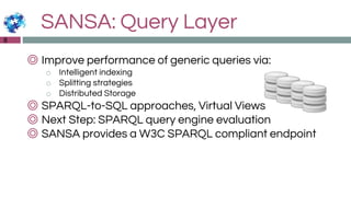 SANSA: Query Layer
◎ Improve performance of generic queries via:
o Intelligent indexing
o Splitting strategies
o Distributed Storage
◎ SPARQL-to-SQL approaches, Virtual Views
◎ Next Step: SPARQL query engine evaluation
◎ SANSA provides a W3C SPARQL compliant endpoint
8
 