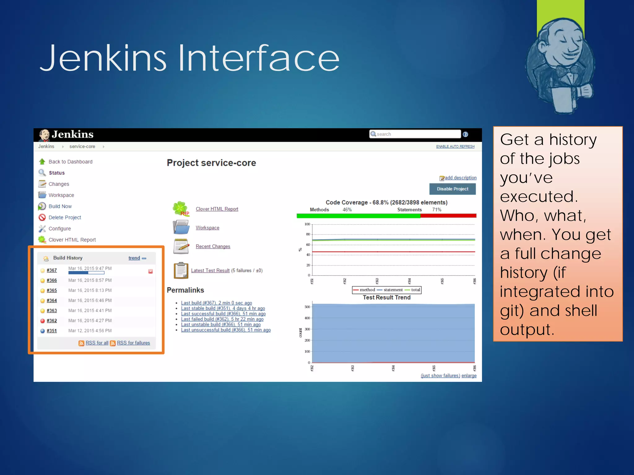 Jenkins Interface
Get a history
of the jobs
you’ve
executed.
Who, what,
when. You get
a full change
history (if
integrated into
git) and shell
output.
 