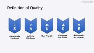 @colinodell
Definition of Quality
Semantically
Versioned
Actively
Maintained
User Friendly Composer
Installable
Extensivel...