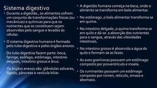 Sistema digestivo
• Durante a digestão , os alimentos sofrem
um conjunto de transformações físicas (ou
mecânicas) e químicas para que os
nutrientes que os constituem sejam
absorvidos pelo sangue e levados às
células.
• O sistema digestivo humano é formado
pelo tubo digestivo e pelos órgãos anexos.
- Do tubo digestivo fazem parte: boca,
faringe, esófago, estômago, intestino
delgado, intestino grosso e ânus.
- Os órgãos anexos são: glândulas salivares,
fígado, pâncreas e vesícula biliar.
• A digestão humana começa na boca, onde o
alimento se transforma em bolo alimentar.
• No estômago ,o bolo alimentar transforma se
em quimo.
• No intestino delgado ,o quimo transforma se
em quilo e dá-se a absorção dos nutrientes
para o sangue, através das vilosidades
intestinais.
• No intestino grosso é absorvida a água do
quilo e formam-se as fezes.
• As aves granívoras possuem um estômago
composto por proventrículo e moela.
• Os ruminantes possuem um estômago
composto por rúmen, reticulo, omaso e
abomaso.
 
