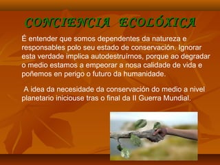 CONCIENCIA ECOLÓXICACONCIENCIA ECOLÓXICA
É entender que somos dependentes da natureza e
responsables polo seu estado de conservación. Ignorar
esta verdade implica autodestruírnos, porque ao degradar
o medio estamos a empeorar a nosa calidade de vida e
poñemos en perigo o futuro da humanidade.
A idea da necesidade da conservación do medio a nivel
planetario iniciouse tras o final da II Guerra Mundial.
 