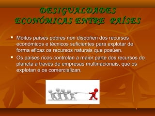 DESIGUALDADESDESIGUALDADES
ECONÓMICAS ENTRE PAÍSESECONÓMICAS ENTRE PAÍSES
 Moitos países pobres non dispoñen dos recursosMoitos países pobres non dispoñen dos recursos
económicos e técnicos suficientes para explotar deeconómicos e técnicos suficientes para explotar de
forma eficaz os recursos naturais que posúen.forma eficaz os recursos naturais que posúen.
 Os países ricos controlan a maior parte dos recursos doOs países ricos controlan a maior parte dos recursos do
planeta a través de empresas multinacionais, que osplaneta a través de empresas multinacionais, que os
explotan e os comercializan.explotan e os comercializan.
 
