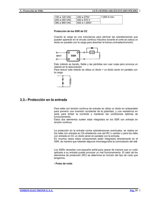 3.- Protección de SSRs GUÍA RÁPIDA RELÉS ESTADO SÓLIDO
OMRON ELECTRONICS, S.A. Pag. 10
100 a 120 VAC 240 a 270V 1,000 A min.
200 a 240 VAC 440 a 470 V
380 a 480 VAC 820 a 1,000V
Protección de los SSR de CC
Cuando la carga es una inductancia para eliminar las sobretensiones que
pueden aparecer en el circuito continuo inductivo durante el corte se coloca un
diodo en paralelo con la carga para absorber la fuerza contraelectromotriz.
Este método es barato, fiable y las pérdidas son casi nulas pero provoca un
retardo en la desconexión
Para reducir este retardo se utiliza un diodo + un diodo zener en paralelo con
la carga.
3.3.- Protección en la entrada
Para relés con tensión continua de entrada se utiliza un diodo en antiparalelo
para prevenir una inversión accidental de la polaridad, y una resistencia en
serie para limitar la corriente y mantener las condiciones óptimas de
funcionamiento.
Estos dos elementos suelen estar integrados en los SSR con entrada en
tensión continua.
La protección en la entrada contra sobretensiones eventuales, se realiza en
los relés con entrada en CA añadiendo una red RC o varistor y para los relés
con entrada en CC un diodo zener en paralelo con la entrada.
En muchos casos estos componentes están integrados directamente en el
SSR, de manera que retardan algunos microsegundos la conmutación del relé
Los SSRs necesitan una pequeña señal para operar de manera que un ruido
aplicado a su entrada puede provocar un mal funcionamiento. El valor de los
elementos de protección (RC) se determina en función del tipo de ruido que
tengamos.
- Pulso de ruido
 