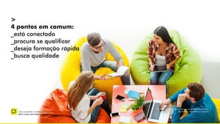 –
como aumentar o número de candidatos
para cursos com baixa procura?
>
4 pontos em comum:
_está conectado
_procura se qualificar
_deseja formação rápida
_busca qualidade
Pesquisa feita com alunos dos cursos de Biblioteconomia,
Museologia, Marketing e Logística
 