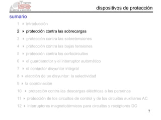 7
dispositivos de protección
sumario
1 4 introducción
2 4 protección contra las sobrecargas
3 4 protección contra las sobretensiones
4 4 protección contra las bajas tensiones
5 4 protección contra los cortocircuitos
6 4 el guardamotor y el interruptor automático
7 4 el contactor disyuntor integral
8 4 elección de un disyuntor: la selectividad
9 4 la coordinación
10 4 protección contra las descargas eléctricas a las personas
11 4 protección de los circuitos de control y de los circuitos auxiliares AC
12 4 interruptores magnetotérmicos para circuitos y receptores DC
 