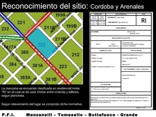 Reconocimiento del sitio: Cordoba y Arenales
La manzana se encuentar clasificada en residencial mixta
“RI” en el cual se da usos mixtos entre vivienda y talleres,
segun plancheta.
Segun relevamiento del lugar se comprobo dicha normativa
P.F.I. Manzanelli – Tomasello – Buttafuoco - Grande
 