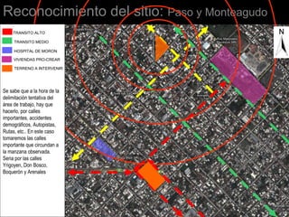 Reconocimiento del sitio: Paso y Monteagudo
TRANSITO ALTO
TRANSITO MEDIO
HOSPITAL DE MORON
VIVIENDAS PRO-CREAR
TERRENO A INTERVENIR
Se sabe que a la hora de la
delimitación tentativa del
área de trabajo, hay que
hacerlo, por calles
importantes, accidentes
demográficos, Autopistas,
Rutas, etc.. En este caso
tomaremos las calles
importante que circundan a
la manzana observada.
Seria por las calles
Yrigoyen, Don Bosco,
Boquerón y Arenales
 