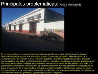 Principales problematicas: Paso y Monteagudo
En la zona se detecto una gran degradacion del sector, otro factor se debe a la ubicacion de talleres y
fabricas las cuales no aportan a la vida urbana buenas condiciones. Se detecto en las cercanias de la
manzana escasez de espacios verdes, centros de encuentro, durante la mayor parte del dia se encuentra
muy desolado ya que no hay un flujo de gente circulando,. Las calles parelelas se encuantran desoladas y en
mal estado, la arquitectura del lugar es rudimentaria y se encuentra en mal estado. Retirandonos una 4 o 5
cuadras la situacion mejora ya que se trata de un sector economico mas alto, el estado de la arquitectura es
bueno a muy bueno. En el lugar donde se emplaza el antiguo mercado se conglomeran jovenes sin ningun
tipo de actividad, la zona se encuentra muy sucia, en los locales que se encuantran alrededor del mercado se
ubican locales en desuso generando lugares propicios para la ilegalidad.
 