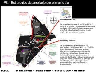 -Plan Estrategico desarrollado por el municipio
Monteagudo y PasoMonteagudo y Paso
Se proyecta como parte de un DESARROLLO
SOCIAL de empleo y empleabilidad una Escuela
de Oficios y Formacion Profesional generando
una oferta educativa que favorezca el auto
empleo y la busqueda de empleo.
Cordoba y ArenalesCordoba y Arenales
Se proyecta como HERRAMIENTA DE
CULTURA Y ESPARCIMIENTO, UN CENTRO
MULTIDISCIPLINARIO en una “zona sin
intervencion”, que integrara un circuito de
miniturismo regional para el desarrollo e
inclusion. Un espacio que funcione como
expancion del Hospital y a la vez un espacio de
encuentro barrial. Generando un subsuelo que
sirva de apoyo al hospital y genere una
rentabilidad para el funcionamiento y
mantenimiento
P.F.I. Manzanelli – Tomasello – Buttafuoco - Grande
 