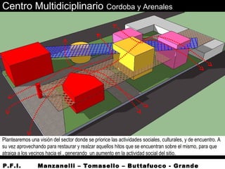 Centro Multidiciplinario Cordoba y Arenales
Plantearemos una visión del sector donde se priorice las actividades sociales, culturales, y de encuentro. A
su vez aprovechando para restaurar y realzar aquellos hitos que se encuentran sobre el mismo, para que
atraiga a los vecinos hacia el , generando un aumento en la actividad social del sitio.
P.F.I. Manzanelli – Tomasello – Buttafuoco - Grande
 