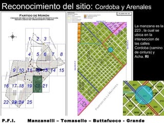 Reconocimiento del sitio: Cordoba y Arenales
La manzana es la
223 , la cual se
ubica en la
interseccion de
las calles
Cordoba (camino
de cintura) y
Acha. RI
P.F.I. Manzanelli – Tomasello – Buttafuoco - Grande
 