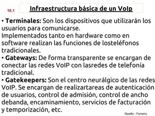 10.1     Infraestructura básica de un VoIp
• Terminales: Son los dispositivos que utilizarán los
usuarios para comunicarse.
Implementados tanto en hardware como en
software realizan las funciones de losteléfonos
tradicionales.
• Gateways: De forma transparente se encargan de
conectar las redes VoIP con lasredes de telefonía
tradicional.
• Gatekeepers: Son el centro neurálgico de las redes
VoIP. Se encargan de realizartareas de autenticación
de usuarios, control de admisión, control de ancho
debanda, encaminamiento, servicios de facturación
y temporización, etc.                       Nasillo - Ferreiro
 