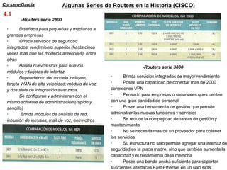 Corsaro-Garcia                 Algunas Series de Routers en la Historia (CISCO)
4.1
         -Routers serie 2800

  ·      Diseñada para pequeñas y medianas a
  grandes empresas
  ·      Ofrece servicios de seguridad
  integrados, rendimiento superior (hasta cinco
  veces más que los modelos anteriores), entre
  otras
  ·      Brinda nuevos slots para nuevos                            -Routers serie 3800
  módulos y tarjetas de interfaz
  ·      Dependiendo del modelo incluyen,           ·      Brinda servicios integrados de mayor rendimiento
  tarjeta WAN de alta velocidad; módulo de voz;     ·      Posee una capacidad de conectar mas de 2000
  y dos slots de integración avanzada               conexiones VPN
  ·      Se configuran y administran con el         ·      Pensado para empresas o sucursales que cuenten
  mismo software de administración (rápido y        con una gran cantidad de personal
  sencillo)                                         ·      Posee una herramienta de gestión que permite
  ·       Brinda módulos de análisis de red,        administrar las nuevas funciones y servicios
  intrusión de intrusos, mail de voz, entre otros   ·      Se reduce la complejidad de tareas de gestión y
                                                    mantenimiento
                                                    ·      No se necesita mas de un proveedor para obtener
                                                    los servicios
                                                    ·      Su estructura no solo permite agregar una interfaz de
                                                    seguridad en la placa madre, sino que también aumenta la
                                                    capacidad y el rendimiento de la memoria
                                                    ·      Posee una banda ancha suficiente para soportar
                                                    suficientes interfaces Fast Ethernet en un solo slots
 