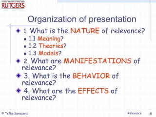 Relevance
© Tefko Saracevic 8
Organization of presentation
1. What is the NATURE of relevance?
 1.1 Meaning?
 1.2 Theories?
 1.3 Models?
2. What are MANIFESTATIONS of
relevance?
3. What is the BEHAVIOR of
relevance?
4. What are the EFFECTS of
relevance?
 