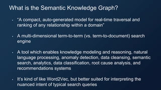 • “A compact, auto-generated model for real-time traversal and
ranking of any relationship within a domain”
• A multi-dimensional term-to-term (vs. term-to-document) search
engine
• A tool which enables knowledge modeling and reasoning, natural
language processing, anomaly detection, data cleansing, semantic
search, analytics, data classification, root cause analysis, and
recommendations systems
• It’s kind of like Word2Vec, but better suited for interpreting the
nuanced intent of typical search queries
What is the Semantic Knowledge Graph?
 