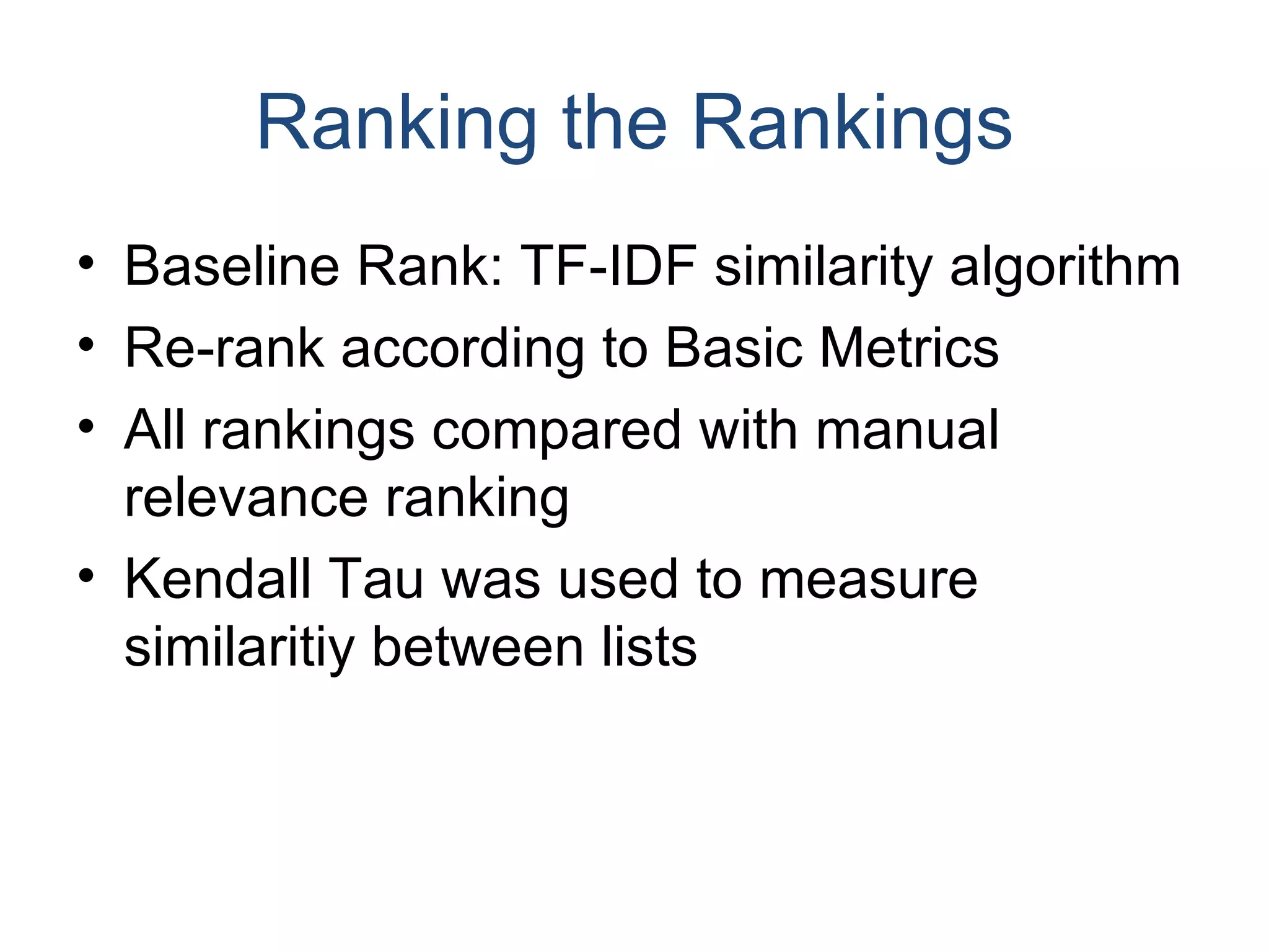 Ranking the Rankings Baseline Rank: TF-IDF similarity algorithm Re-rank according to Basic Metrics All rankings compared with manual relevance ranking Kendall Tau was used to measure similaritiy between lists 