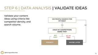 73
@RomagnoliRumble
STEP 6 | DATA ANALYSIS | VALIDATE IDEAS
Validate your content
ideas using criteria like
competitor density, and
search volume.
DO PEOPLE SEARCH FOR
MY IDEA?
HAVE MY COMPETITORS
DONE THIS?
PRIORITY MAYBE LATER
YES
NOT
MANY
ALL OF
THEM
NO
 