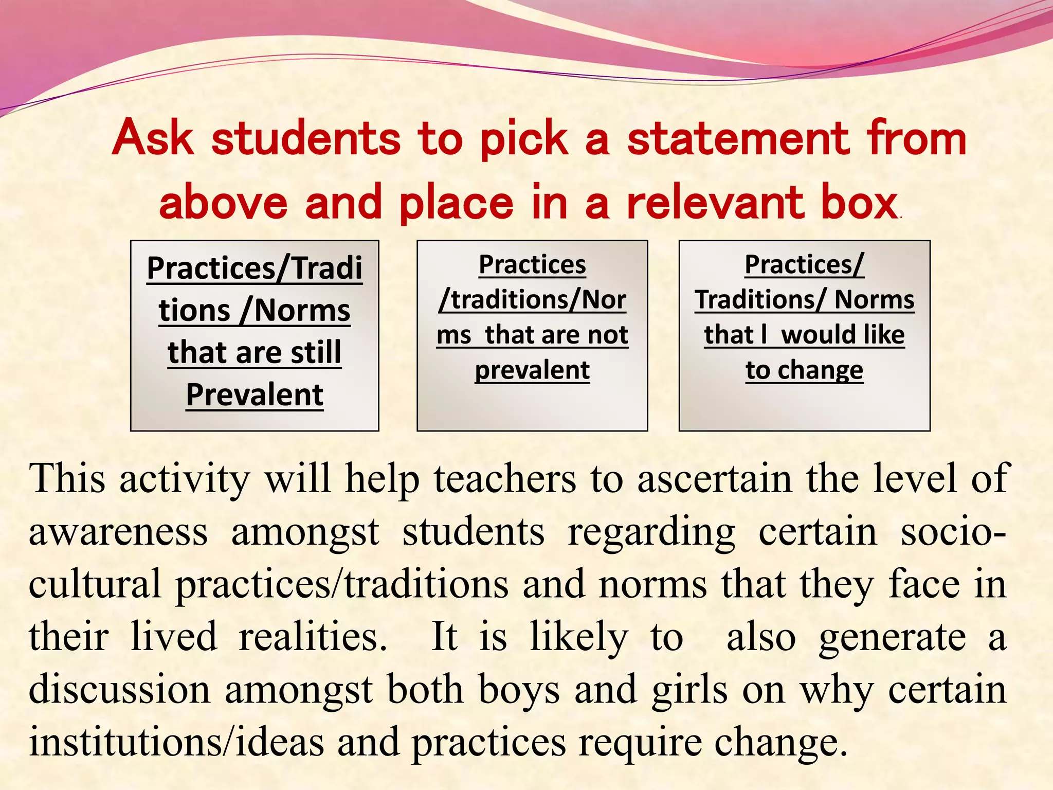 Practices/Tradi
tions /Norms
that are still
Prevalent
Practices
/traditions/Nor
ms that are not
prevalent
Practices/
Traditions/ Norms
that l would like
to change
Ask students to pick a statement from
above and place in a relevant box.
This activity will help teachers to ascertain the level of
awareness amongst students regarding certain socio-
cultural practices/traditions and norms that they face in
their lived realities. It is likely to also generate a
discussion amongst both boys and girls on why certain
institutions/ideas and practices require change.
 