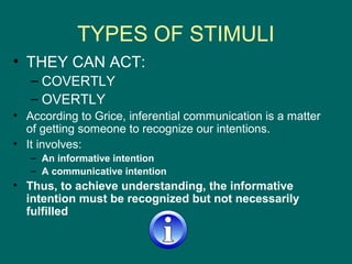 TYPES OF STIMULI
• THEY CAN ACT:
   – COVERTLY
   – OVERTLY
• According to Grice, inferential communication is a matter
  of getting someone to recognize our intentions.
• It involves:
   – An informative intention
   – A communicative intention
• Thus, to achieve understanding, the informative
  intention must be recognized but not necessarily
  fulfilled
 