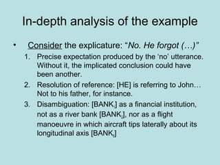 In-depth analysis of the example
•    Consider the explicature: “No. He forgot (…)”
    1. Precise expectation produced by the ‘no’ utterance.
       Without it, the implicated conclusion could have
       been another.
    2. Resolution of reference: [HE] is referring to John…
       Not to his father, for instance.
    3. Disambiguation: [BANK1] as a financial institution,
       not as a river bank [BANK2], nor as a flight
       manoeuvre in which aircraft tips laterally about its
       longitudinal axis [BANK6]
 