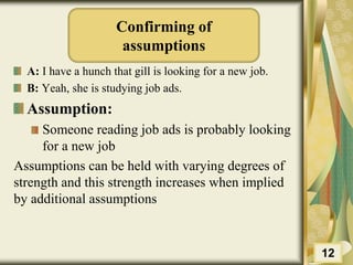 Confirming of
assumptions
A: I have a hunch that gill is looking for a new job.
B: Yeah, she is studying job ads.
Assumption:
Someone reading job ads is probably looking
for a new job
Assumptions can be held with varying degrees of
strength and this strength increases when implied
by additional assumptions
12
 