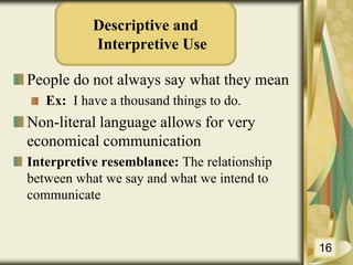 People do not always say what they mean
Ex: I have a thousand things to do.
Non-literal language allows for very
economical communication
Interpretive resemblance: The relationship
between what we say and what we intend to
communicate
16
Descriptive and
Interpretive Use
 