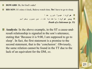 HOWARD: Sh, for God’s sake!
HIS SON: It’s nine o’clock, Bulova watch time. So I have to go to sleep.
‫هوارد‬:‫هیس‬!‫تورو‬‫خدا‬
‫پسر‬‫هوارد‬:‫شده‬ ‫نه‬ ‫ساعت‬.‫بخوابم‬ ‫میرم‬ ‫من‬
Death of a Salesman (p. 55)
Analysis: In the above example, in the ST a cause-and-
result relationship is signaled in the son’s utterance,
stating that ‘Because it is 9:00, I am supposed to go to
sleep’. In fact, the first statement is a premise to the
second statement, that is the ‘conclusion’. Obviously,
the same relation cannot be found in the TT due to the
lack of an equivalent for the DM, so.
21
 