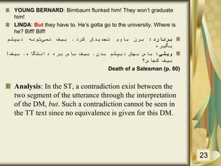 YOUNG BERNARD: Birnbaum flunked him! They won’t graduate
him!
LINDA: But they have to. He’s gotta go to the university. Where is
he? Biff! Biff!
‫برنارد‬:‫برن‬‫باوم‬‫تجدیدش‬‫کرد‬.‫بیف‬‫نمی‬‫تونه‬‫دیپلم‬
‫بگیره‬
‫ویلی‬:‫باس‬‫بهش‬‫دیپلم‬‫بدن‬.‫بیف‬‫باس‬‫بره‬‫دانشگاه‬.‫بیف‬!
‫بیف‬‫کجاس‬‫؟‬
Death of a Salesman (p. 80)
Analysis: In the ST, a contradiction exist between the
two segment of the utterance through the interpretation
of the DM, but. Such a contradiction cannot be seen in
the TT text since no equivalence is given for this DM.
23
 