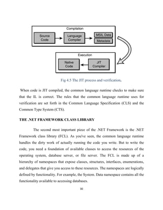 30
Fig 4.5 The JIT process and verification.
When code is JIT compiled, the common language runtime checks to make sure
that the IL is correct. The rules that the common language runtime uses for
verification are set forth in the Common Language Specification (CLS) and the
Common Type System (CTS).
THE .NET FRAMEWORK CLASS LIBRARY
The second most important piece of the .NET Framework is the .NET
Framework class library (FCL). As you've seen, the common language runtime
handles the dirty work of actually running the code you write. But to write the
code, you need a foundation of available classes to access the resources of the
operating system, database server, or file server. The FCL is made up of a
hierarchy of namespaces that expose classes, structures, interfaces, enumerations,
and delegates that give you access to these resources. The namespaces are logically
defined by functionality. For example, the System. Data namespace contains all the
functionality available to accessing databases.
 