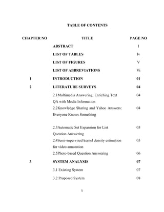 5
TABLE OF CONTENTS
CHAPTER NO TITLE PAGE NO
ABSTRACT I
LIST OF TABLES Iv
LIST OF FIGURES V
LIST OF ABBREVIATIONS Vi
1 INTRODUCTION 01
2 LITERATURE SURVEYS 04
2.1Multimedia Answering: Enriching Text
QA with Media Information
04
2.2Knowledge Sharing and Yahoo Answers:
Everyone Knows Something
04
2.3Automatic Set Expansion for List
Question Answering
05
2.4Semi-supervised kernel density estimation
for video annotation
05
2.5Photo-based Question Answering 06
3 SYSTEM ANALYSIS 07
3.1 Existing System 07
3.2 Proposed System 08
 
