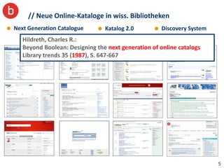 // Neue Online-Kataloge in wiss. Bibliotheken
Next Generation Catalogue       Katalog 2.0          Discovery System
   Hildreth, Charles R.:
   Beyond Boolean: Designing the next generation of online catalogs
   Library trends 35 (1987), S. 647-667




                                                                        5
 