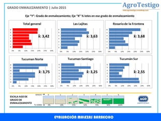 EVALUACIÓN MALEZAS BARBECHO
GRADO ENMALEZAMIENTO | Julio 2015
Eje “Y”: Grado de enmalezamiento; Eje “X” % lotes en ese grado de enmalezamiento
x: 3,42 x: 3,63 x: 3,68
x: 3,75 x: 3,25 x: 2,55
 