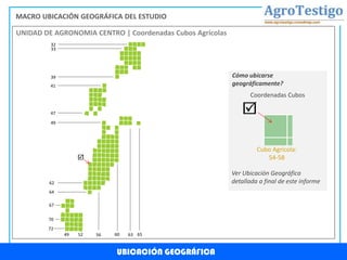 MACRO UBICACIÓN GEOGRÁFICA DEL ESTUDIO
UNIDAD DE AGRONOMIA CENTRO | Coordenadas Cubos Agrícolas
49
UBICACIÓN GEOGRÁFICA
Coordenadas Cubos
Cubo Agrícola:
54-58
Cómo ubicarse
geográficamente?
Ver Ubicación Geográfica
detallada a final de este informe
72
70
67
64
62
49
47
41
39
32
52 56 60 63 65
33
 
