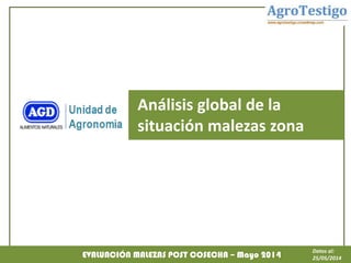 EVALUACIÓN MALEZAS POST COSECHA – Mayo 2014
Datos al:
25/05/2014
Análisis global de la
situación malezas zona
 