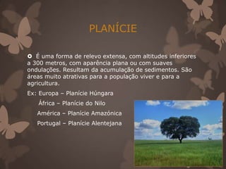 PLANÍCIE

 É uma forma de relevo extensa, com altitudes inferiores
a 300 metros, com aparência plana ou com suaves
ondulações. Resultam da acumulação de sedimentos. São
áreas muito atrativas para a população viver e para a
agricultura.
Ex: Europa – Planície Húngara
   África – Planície do Nilo
   América – Planície Amazónica
   Portugal – Planície Alentejana
 