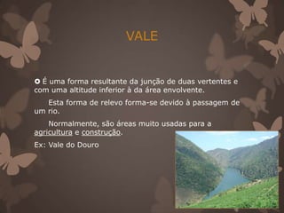 VALE


 É uma forma resultante da junção de duas vertentes e
com uma altitude inferior à da área envolvente.
   Esta forma de relevo forma-se devido à passagem de
um rio.
    Normalmente, são áreas muito usadas para a
agricultura e construção.
Ex: Vale do Douro
 